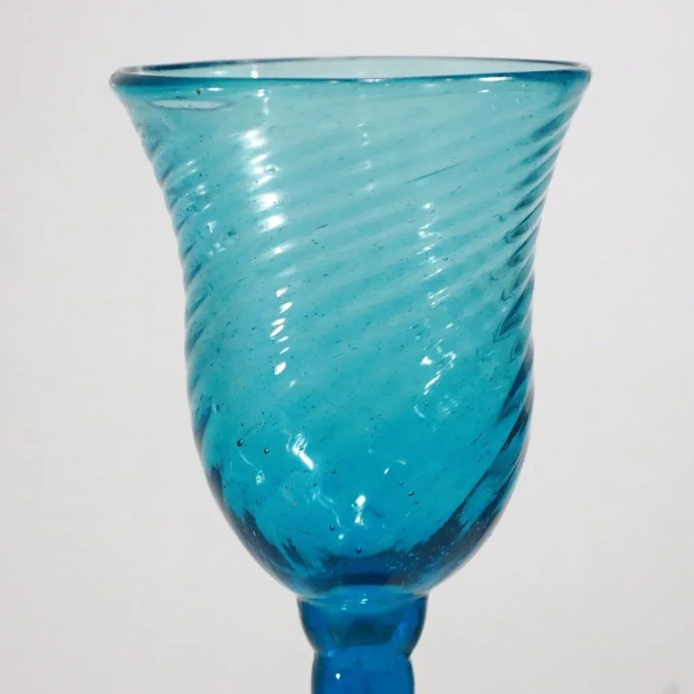 1950s Mexican Avalos Teal Blue Bubble Glass Stemware Goblet 12.5